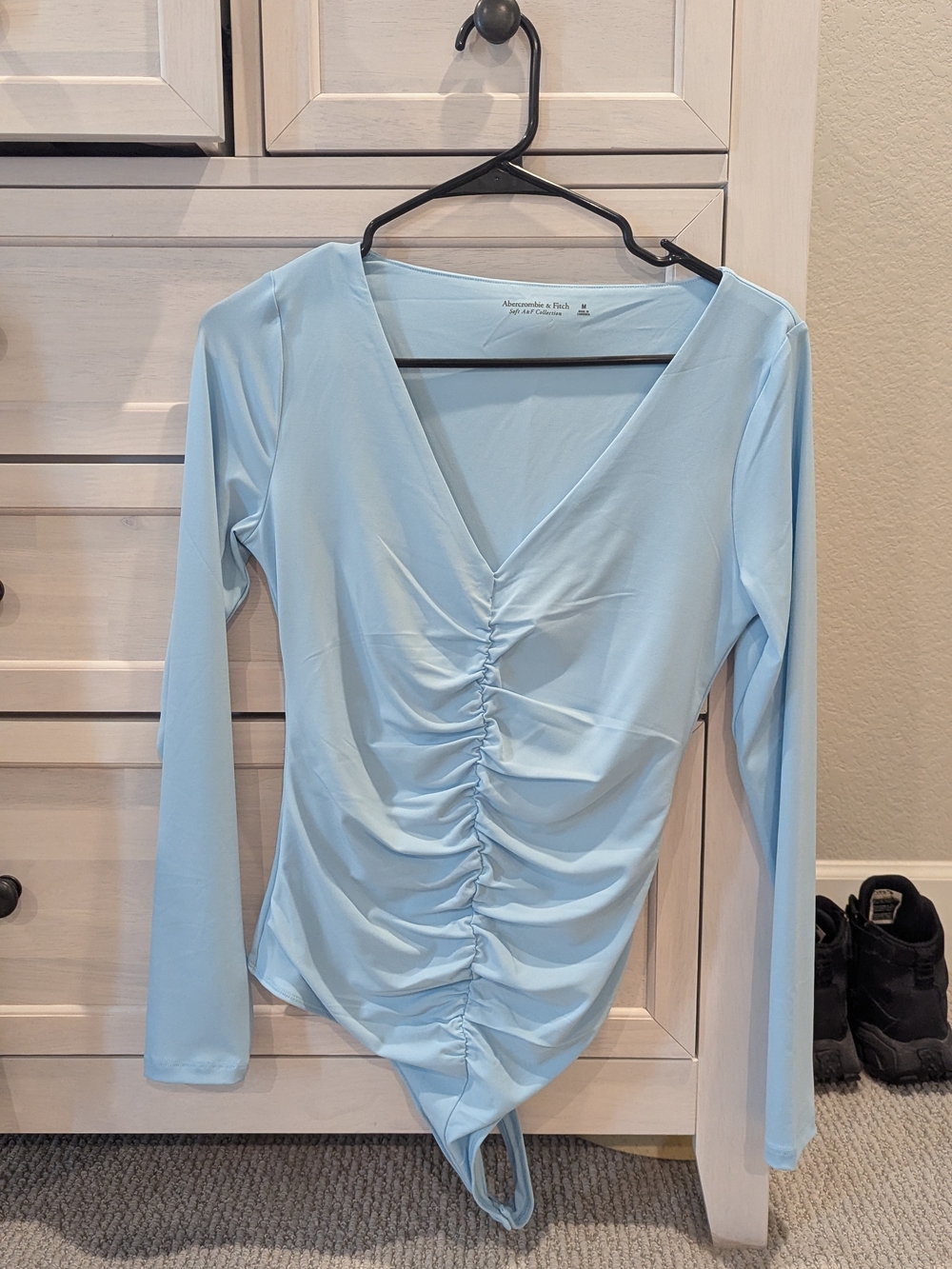 Abercrombie & Fitch Light Blue Ruched V-Neck Long Sleeve Bodysuit